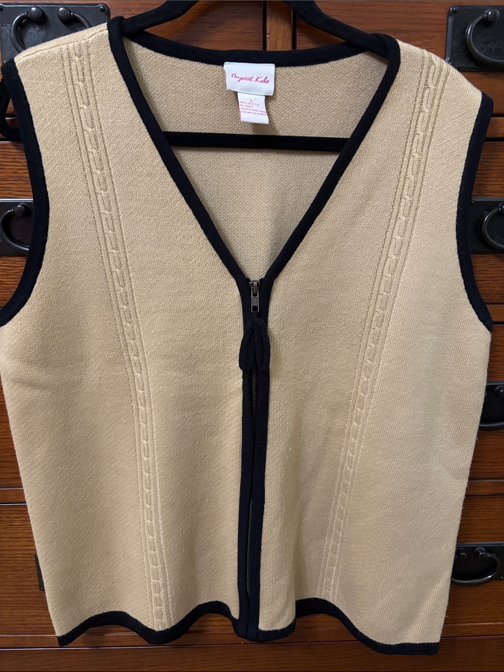 Crystal Kobe vintage Beige Knit Zip Vest with Black Trim
